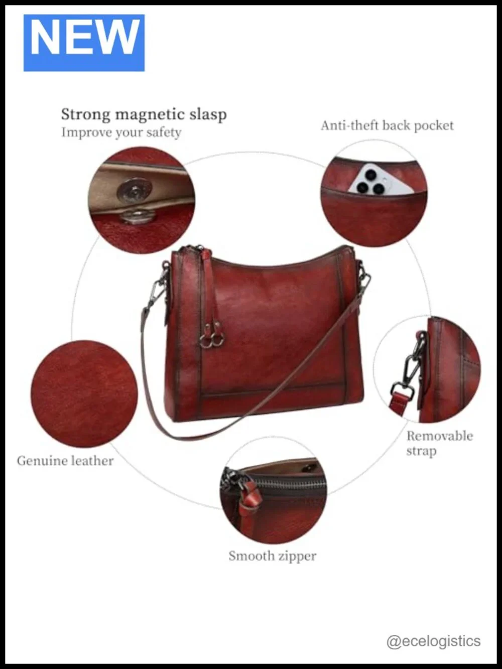 Genuine Leather Crossbody Bag for Women - Adjustable Strap, Hobo Purse with
